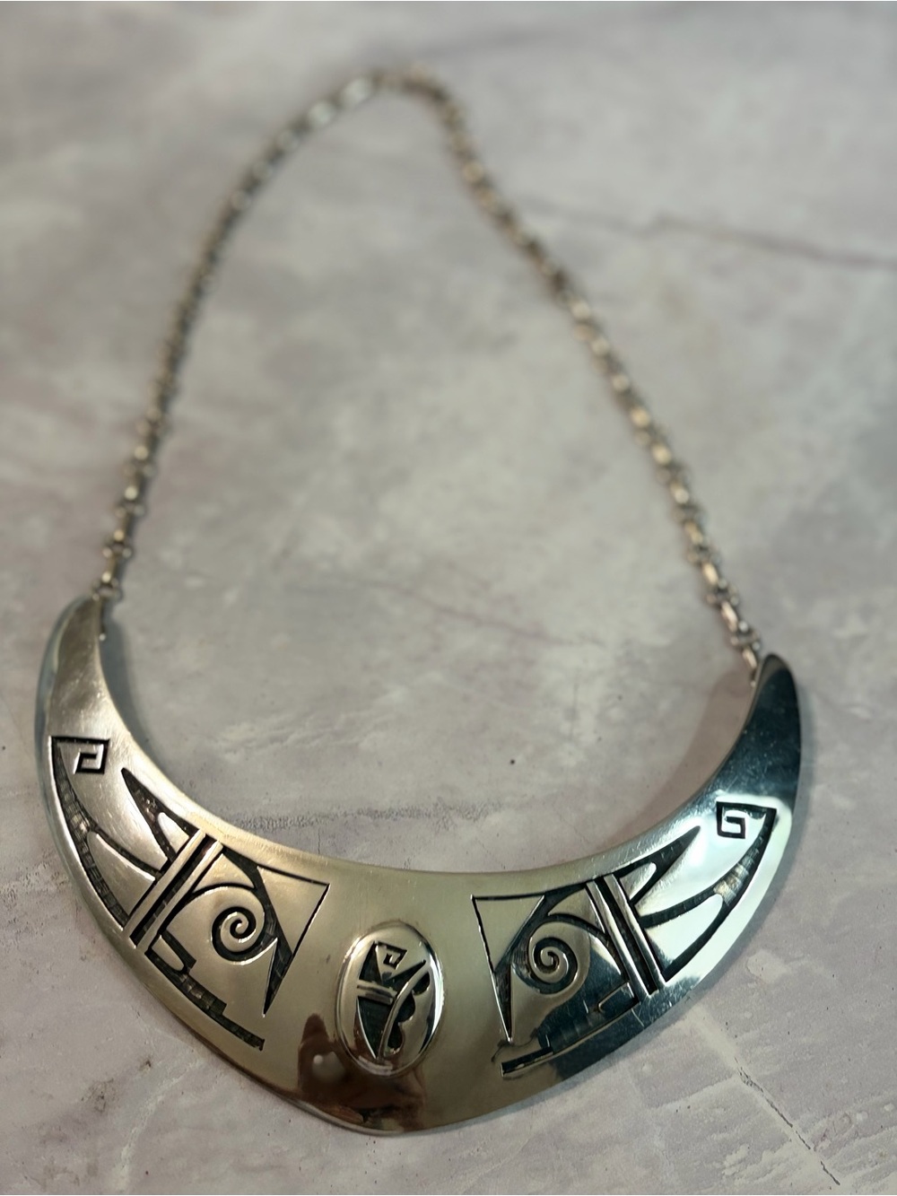 Sterling Silver Tribal Crescent Statement BibNecklace. Unmarked. Acid tested.